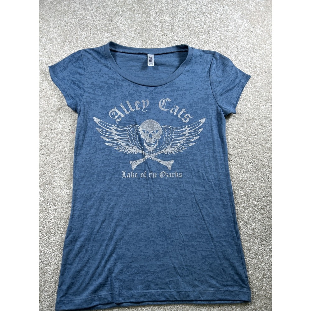 Alley Cats Shirt Womens Small Blue Lake of the Ozarks Skull Wings Graphic Tee